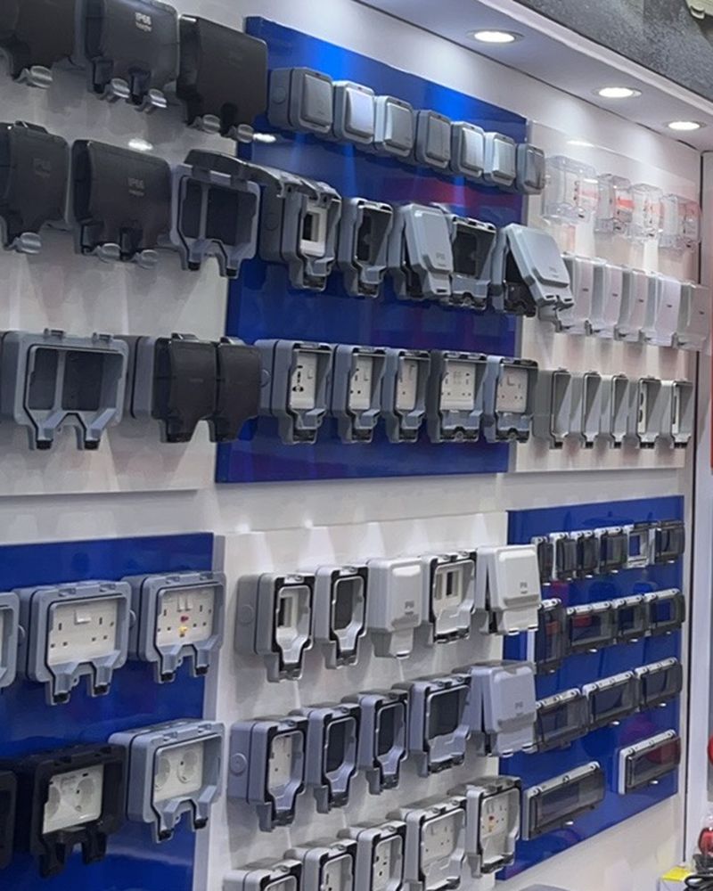 A wall of weatherproof switches and sockets